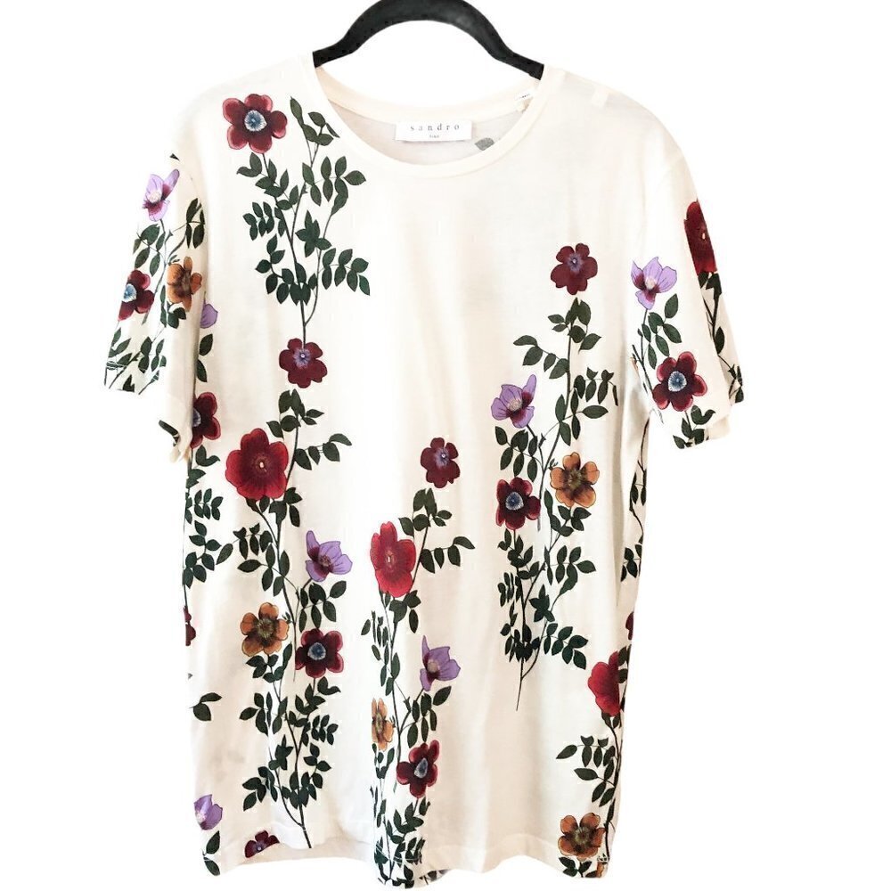 NWOT Sandro Floral Print Ivory 100% Cotton Short Sleeve Crew Tee Shirt Women's 6 - Picture 2 of 9
